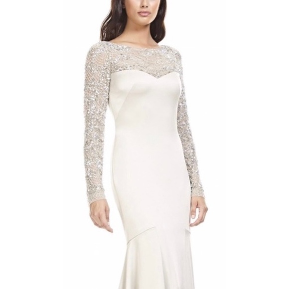 Theia Embellished Long Sleeve Satin Gown - Picture 2 of 10
